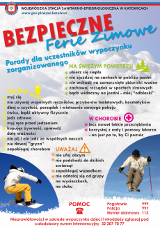 Powiększ zdjęcie: Plakat Wojewódzkiej Stacji Sanitarno-Epidemiologicznej w Katowicach opisujący porady: dla uczestników wypoczynku zorganizowanego na świeżym powietrzu, dla osób chorych, dotyczące zasad higieny, dotyczące ogólnych zasad bezpieczeństwa wraz z numerami alarmowymi.