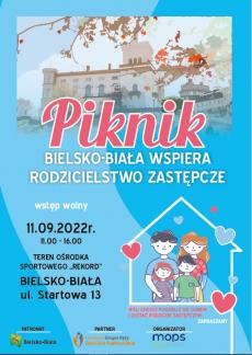 Powiększ zdjęcie: Plakat z wizerunkiem Zamku Sułkowskich w Bielsku-Białej na niebieskim tle zawiera informacje na temat miejsca i czasu planowanego wydarzenia. Na dole plakatu umieszczone jest logo organizatora to jest MOPS w Bielsku-Białej, logo partnera tj. Fundacji Grupa Kęty Dzieciom Podbeskidzia oraz logo miasta Bielska-Białej.