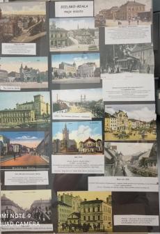 Powiększ zdjęcie: Praca wykonana technika kolażu składająca się z widokówek obrazujących Bielsko i Białą  z dawnych lat