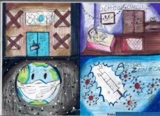 Powiększ zdjęcie: Rysunek Sary K. na temat: Świat w dobie pandemii oczami dziecka. Praca podzielony jest na 4 części. Przedstawia zamknięty sklep, dziecko uczące się zdalnie z domu, kulę ziemską w maseczce i strzykawkę ze szczepionką.