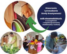 Powiększ zdjęcie: W prawym górnym rogu znajduje się granatowe koło z białym tekstem w środku: Utworzenie i prowadzenie Strefy Kreatywności osób niesamodzielnych, w szczególności z niepełnosprawnością intelektualną i ruchową.  Obok po stronie lewej zdjęcie w formie okręgu pokazujące dłoń osoby na wózku inwalidzkim trzymającą za rękę kobietę, która jest Asystentem osoby z niepełnosprawnością. Poniżej po lewej fotografia opiekunki, która wraz z podopiecznym przesadza rośliny doniczkowe. W tle widać kilka zielonych roślin oraz salę warsztatową. Obok na zdjęciu sali warsztatowej widać kilku podopiecznych wraz z opiekunką, którzy bawią się kolorową chustą trzymaną wspólnie w dłoniach. Jedna osoba siedzi na podłodze pod chustą i wyciąga rękę szukając na górze piłeczki. Zdjęcie po prawej stronie to podopieczna podczas zajęć z ceramiki, wałkująca glinę na stole. W tle widok na zbocze gór i drzewa.