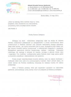 Powiększ zdjęcie: Zdjęcie przedstawia pismo z-cy dyrektora Miejskiego Ośrodka Pomocy Społecznej w Bielsku-Białej  Pani Małgorzaty Polak zawierające podziękowania dla rodzin zastępczych z okazji dnia rodzicielstwa zastępczego.