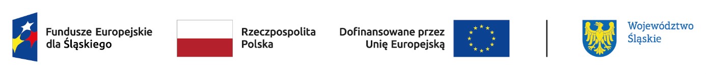 Logo: Niebieski trapez, gwiazdy biała, żółta i czerwona, napis Fundusze Europejskie dla Śląskiego; Biało-czerwona flaga Polski, napis Rzeczpospolita Polska; Logo: Niebieskie tło, dwanaście złotych gwiazd, napis Dofinansowano przez Unię Europejską; Herb: Niebieskie tło, złoty orzeł, zwrócony głową w prawo, napis Województwo Śląskie.