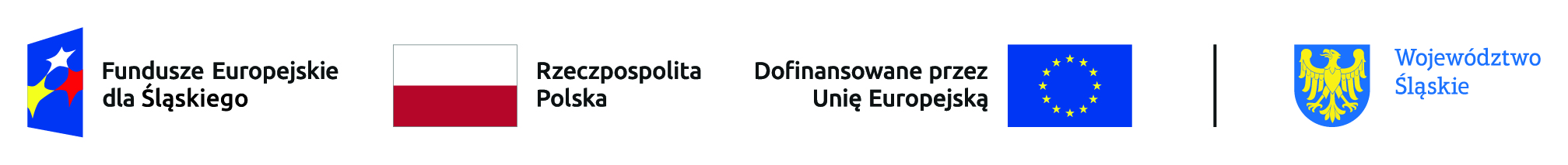 Logo: Niebieski trapez, gwiazdy biała, żółta i czerwona, napis Fundusze Europejskie dla Śląskiego; Biało-czerwona flaga Polski, napis Rzeczpospolita Polska; Logo: Niebieskie tło, dwanaście złotych gwiazd, napis Dofinansowano przez Unię Europejską; Herb: Niebieskie tło, złoty orzeł, zwrócony głową w prawo, napis Województwo Śląskie.