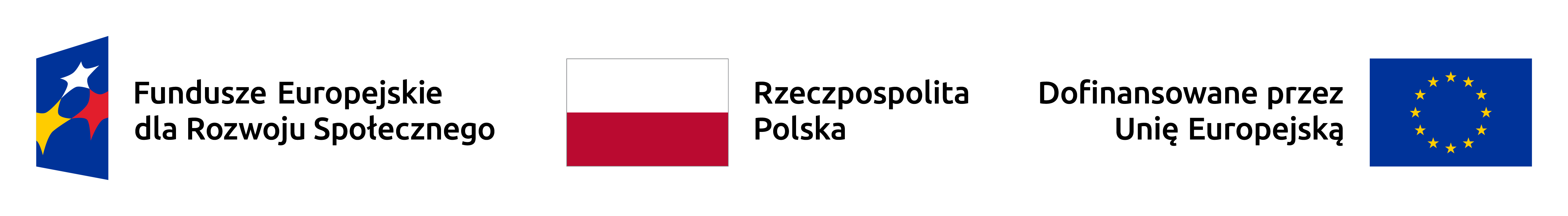 Logo Funduszy Europejskich dla Rozwoju Społecznego; flaga Rzeczpospolitej Polski; logo Unii Europejskiej z napisem Dofinansowane przez Unię Europejską.
