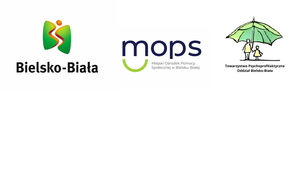 Logo Miasta Bielska-Białej; logo Miejskiego Ośrodka Pomocy Społecznej; logo Towarzystwa Psychoprofilaktycznego Oddział Bielsko-Biała